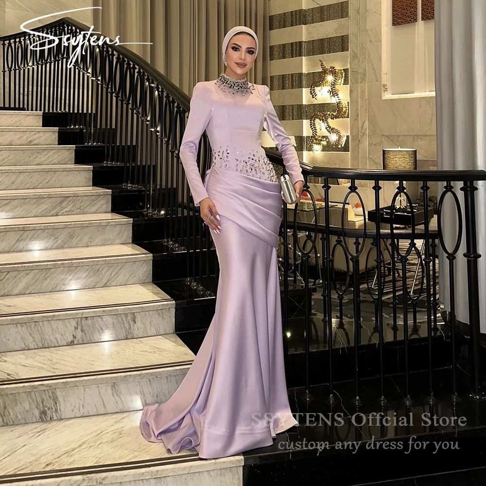 

SSYTENS Customized Crystal Evening Dress for Women Pleated Satin Mermaid Hijab Formal Gown Satin Formal Dress for Islamic Women