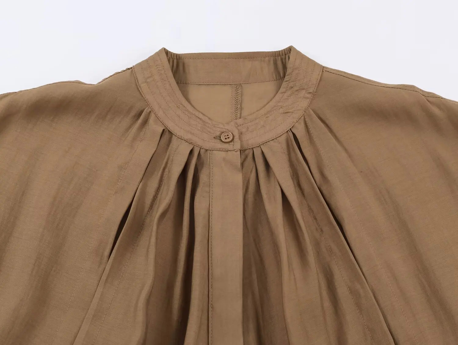 Women Autumn Brown Pleated Blouse Stand Collar Long Sleeve Loose Fit Elastic Hem Shirt Tops Vintage Chic Casual Streetwear 3