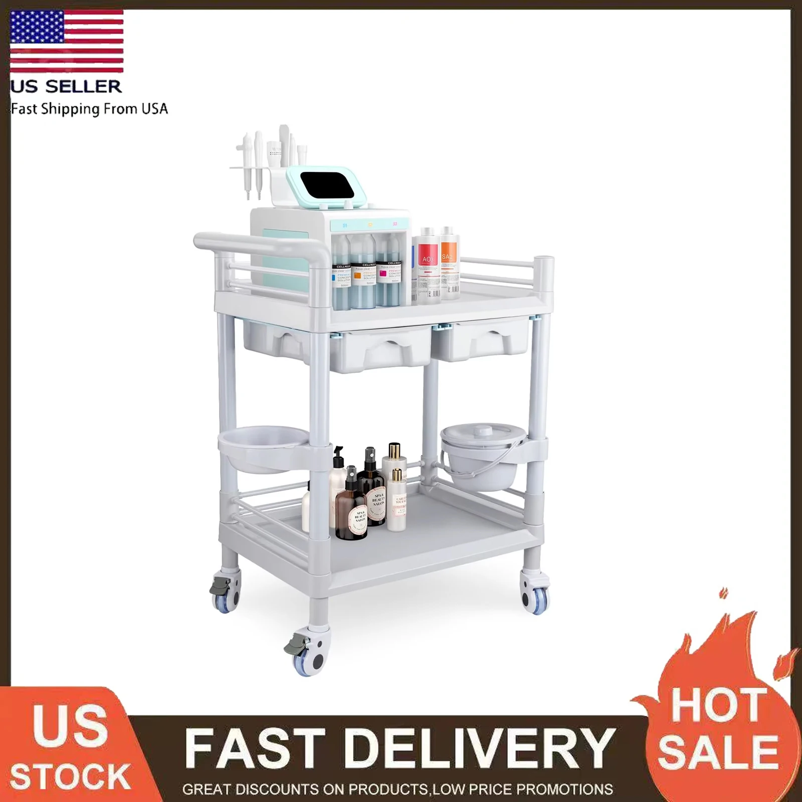 Medical Carts with Wheels 2 Tier Mobile Esthetician Cart 330 LBS Load Hospital Trolley Cart for Ultrasound Scanner Utility