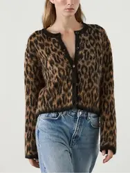 Leopard Knitted Cardigan Jackets for Women Elegant Sexy Single Breasted Long Sleeve Slim Coats Winter Lady Casaul Outwear 2024