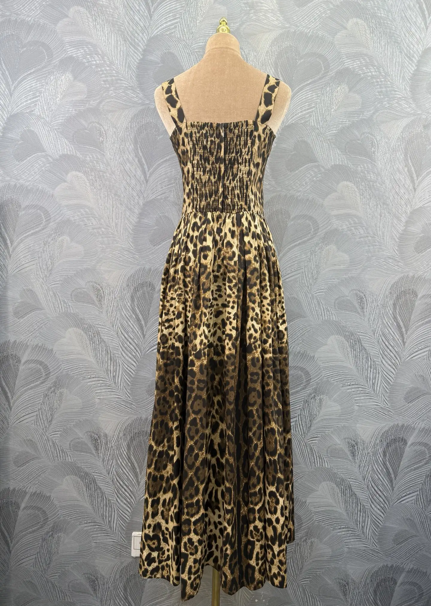 Women New Summer Fashion Casual Sleeveless Cotton Leopard Print Elastic Bust Daily Pleated Draped Suspender Strap Long Dress