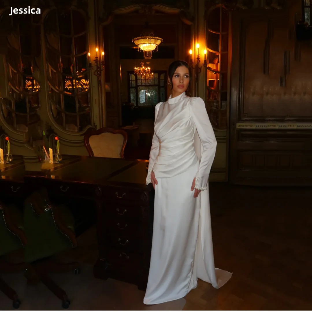 

Jessica Elegant White Evening Dresses White Satin Long Sleeves High Collar Prom Dresses Formal Occasions فساتين سهرةCustomized