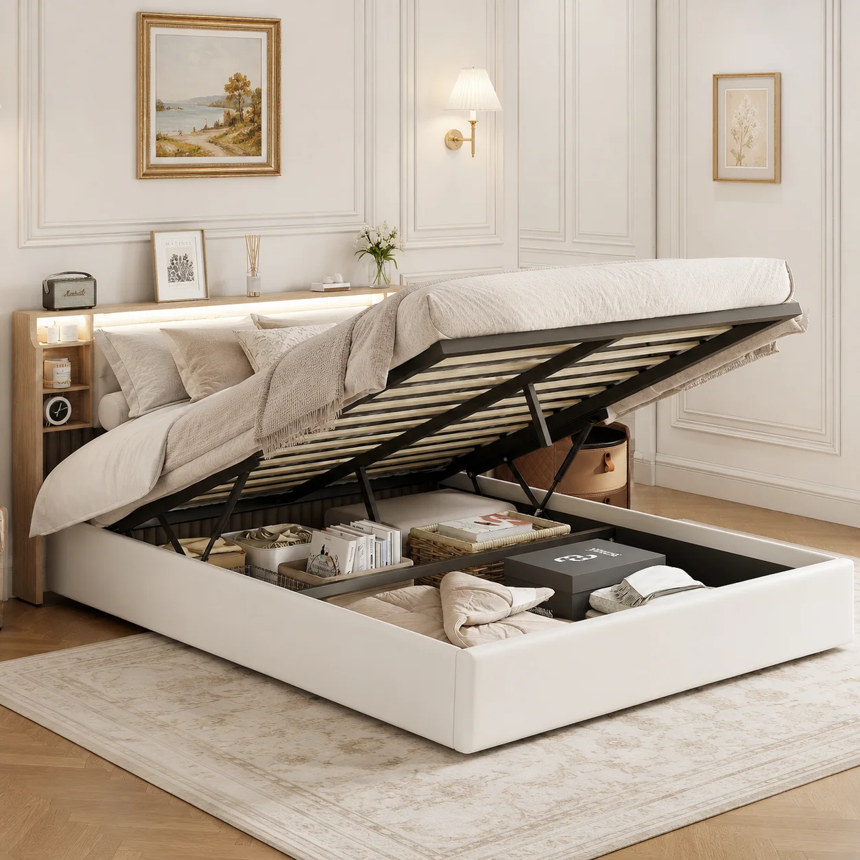 Lit Coffre 140x200cm, Lit Double Blanc en PU Rembourré avec Tête de Lit Rangement et Coffre Hydraulique, Cadre de Lit Boxspring avec Sommier à Lattes, Lit Adulte Ado pour Chambre Moderne Petite Pièce Gain de Place Mais