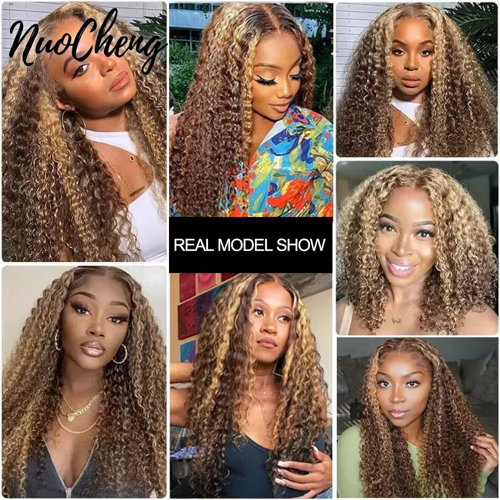 Highlight Deep Wave Human Hair Lace Frontal Wig P4/27 Honey Blonde Curly Human Hair Wigs Deep Curly 13x4 HD Lace Frontal Wigs