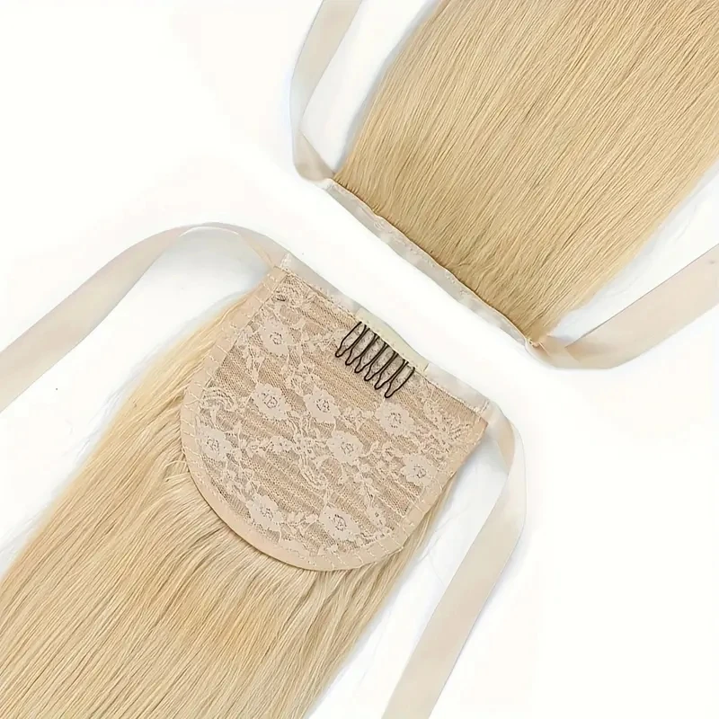 Human Hair Ponytail Ribbon Tie Wrap Around Straight Ponytail Blonde Real Hair Extension #613 Color Hair Extensions For Women