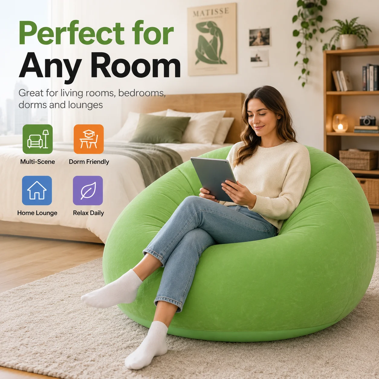 1PC Inflatable Bean Bag Chair, Lazy Sofa Air Lounge Seat with Foot Pump, Portable Flocked Floor Couch for Living Room Bedroom image 6