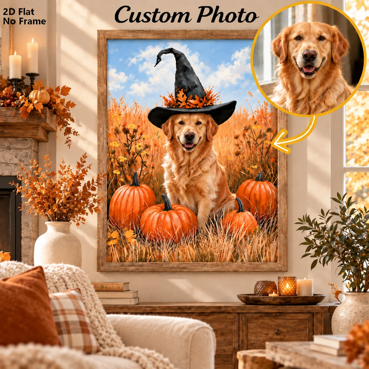 Custom Witch Hat Pet Poster, Autumn Halloween Decoration Poster, Suitable for Halloween, Pet Memorial, Home Room Decoration
