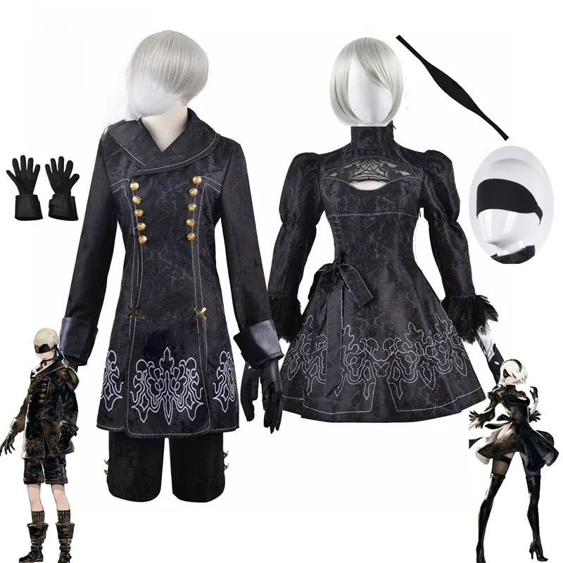 Anime Nier Automata Cosplay 9S Yorha 2B Cosplay Suit Mężczyzna Kobiety Strój Peruka Przebranie Kostium Plus Size Fancy Party Black Dress — 2