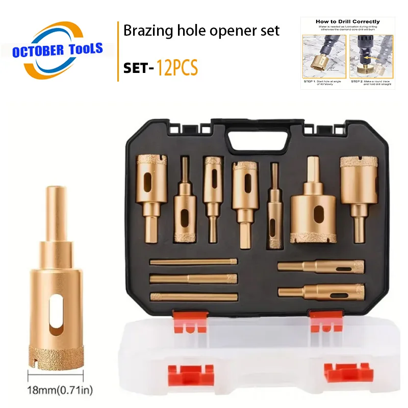 

12PCs Brazed Hole Saw Set for Tile/Marble/Granite, Diamond Grit Dry Drilling Kit with Multiple Sizes (20-68mm), Ceramic Glass St