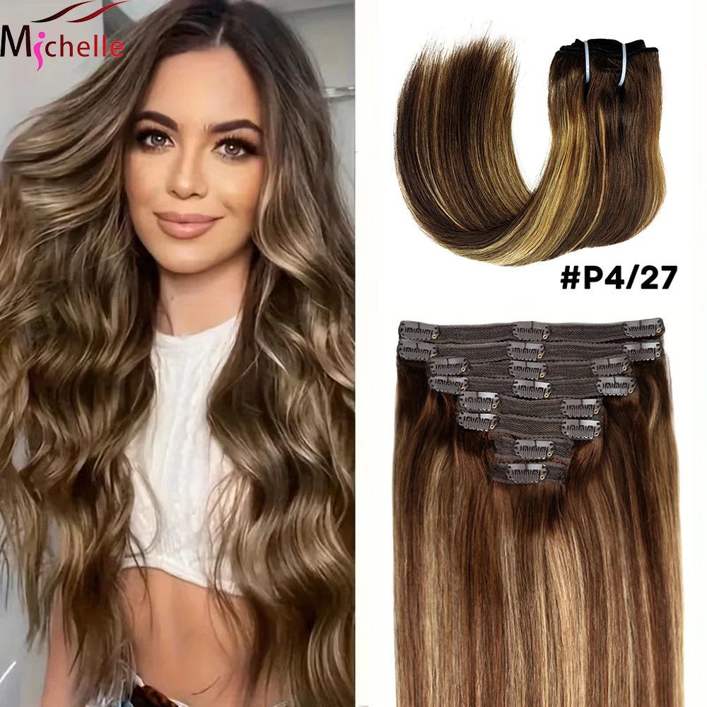 Straight Clip in Hair Extensions #4/27 Brown Highlights Blonde 100% Human Hair 120g 8pcs Per Set with 18 Clips Straight Clip ins