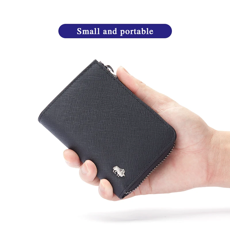 BISON DENIM Genuine Leather Men Women Wallet Card Holder Small Coin Pocket Vintage Purse Wallets With Chain Zipper