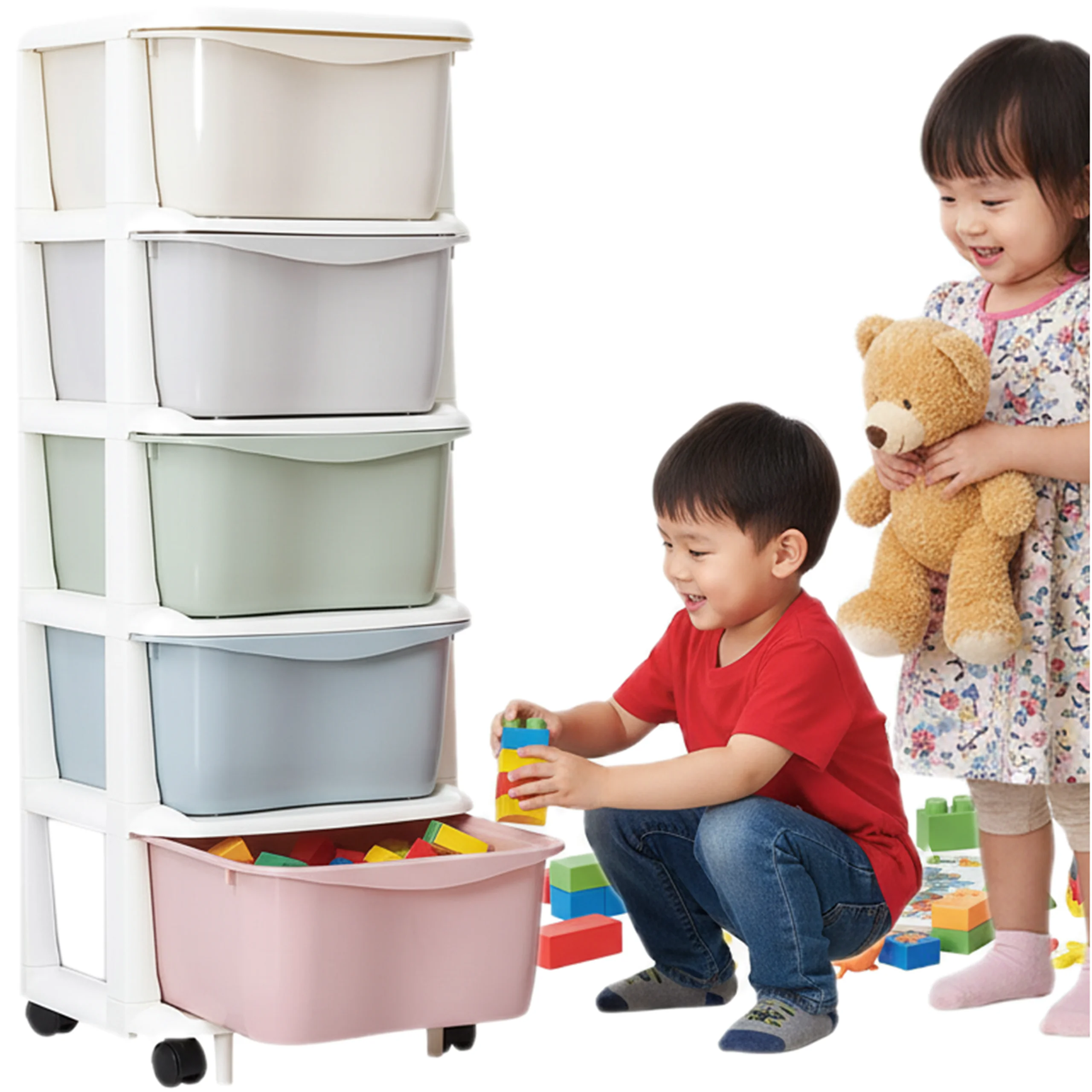PLASTIKOWY POJEMNIK REGAŁ KOSZ NA ZABAWKI SZUFLADY 5 PÓŁEK na kółkach DUŻY