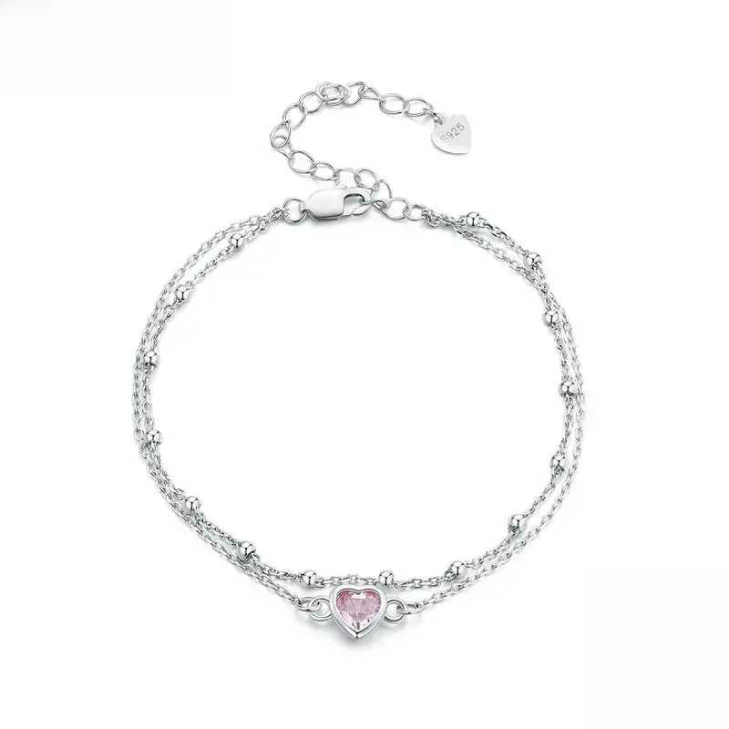 Bamoer 925 Sterling Silver Heart Double Layer Bracelet Pink Zircon Regulowany łańcuszek dla kobiet Biżuteria na rocznicę — zdjęcie 2