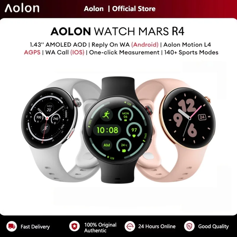 Aolon Mars R4 Watch 1.43" AMOLED Display WhatsApp Voice Reply 31g Ultra Light AGPS IP68 Waterproof Heart Rate Monitor Smartwatch