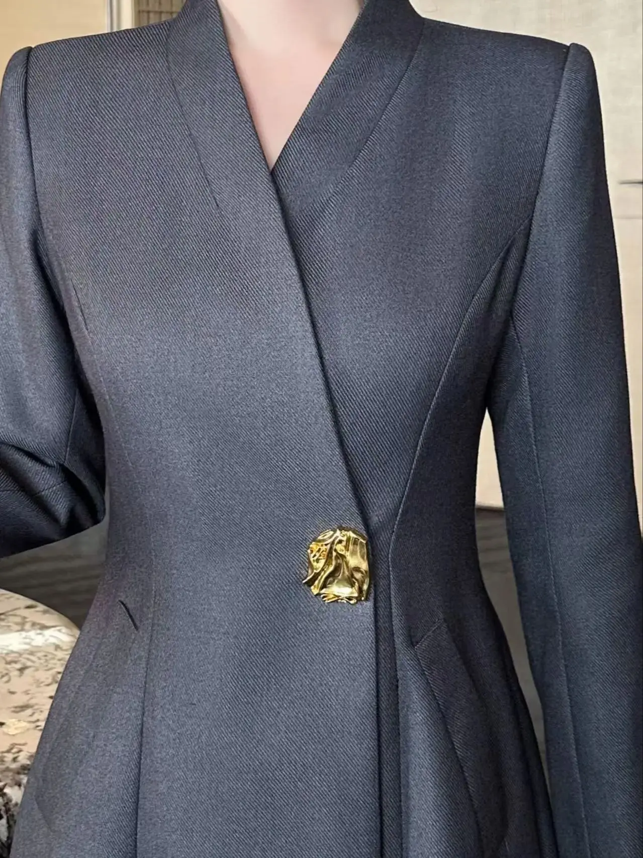 High-end elegant office business style waist buckle wool blend trench coat