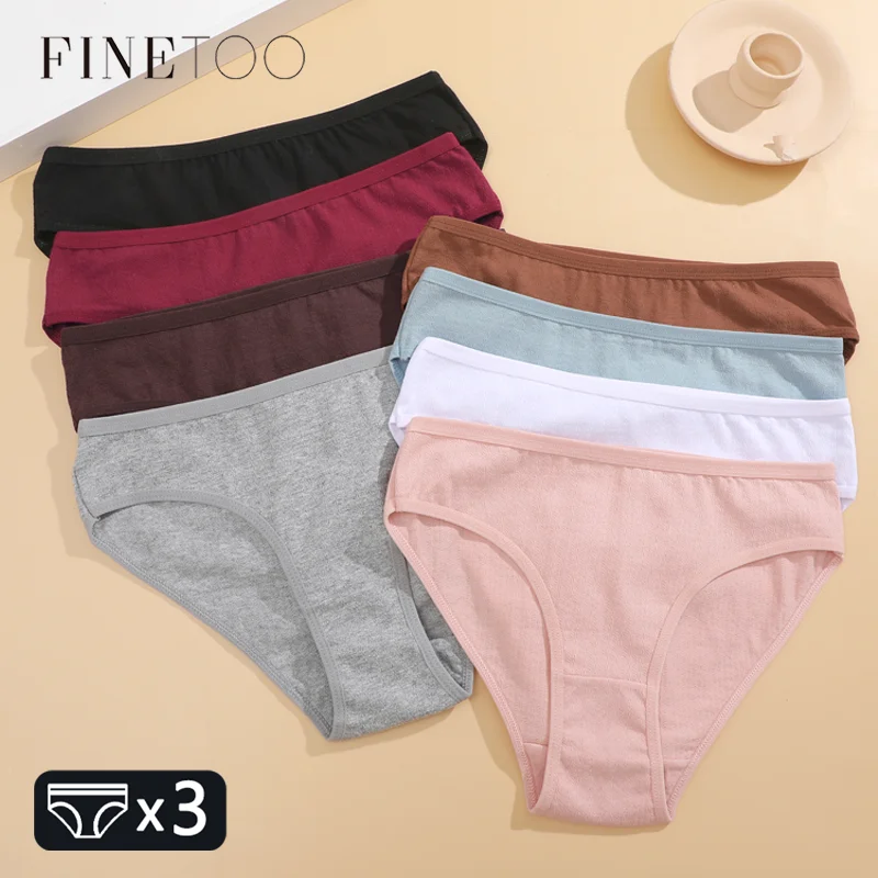 FINETOO 3Pcs Cotton Underpants Panties for Women Comfortable Low-Waist Briefs Ladies Solid Color Breathable Intimates Lingerie