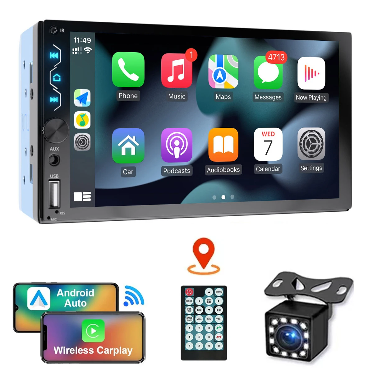 

7 Inch Wireless Car Stereo Full Touch Screen 2 Din Car Video Player Support Carplay & Android Auto with Backup Camera Bluetooth