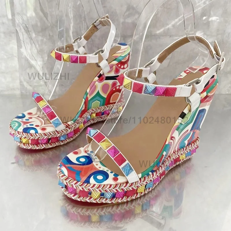 Colorful Flower Graffiti Wedge Sandals 12Cm Open Ethnic Red Round Brush Rivet Weave Trim Buckle Heels Beach Party Platform Shoes