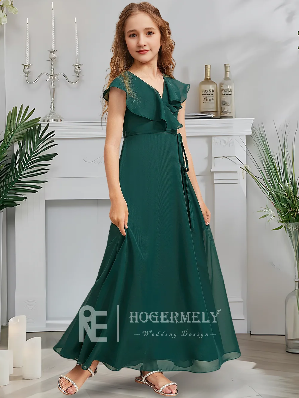 Дизайнерское трапециевидное платье для подружек невесты с нефритовым туманом, платье с цветочным узором для девочек, шифоновое платье с v-образным вырезом, садовое гала-танец, свадебное платье