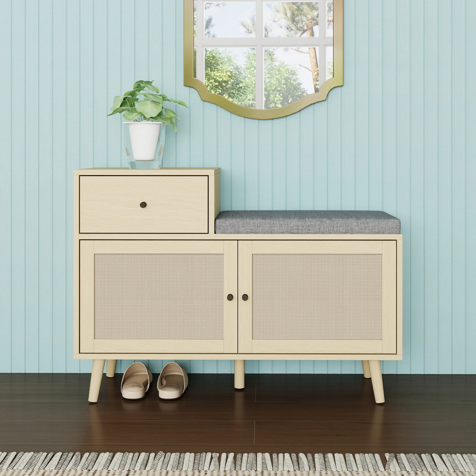 Rosahqnda Panca per scarpe in stile legno naturale con doppie ante, cassetto e sedile imbottito, ideale per il corridoio