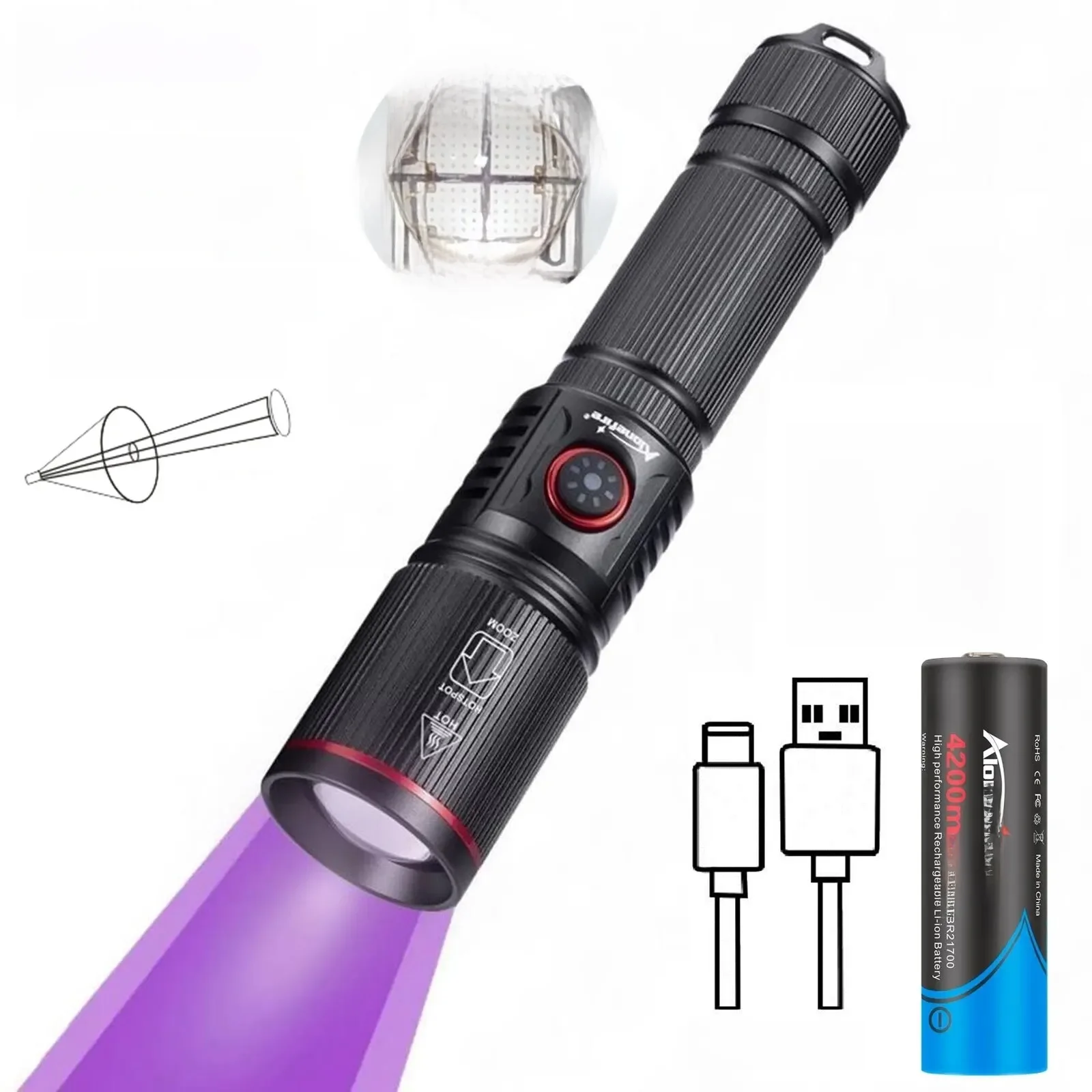 Zoom 20W Led High Power Uv Zaklamp 365/395nm Onzichtbare Inkt Marker Kat Hond Urine Tinea Ort Geld Schorpioen Fluorescentie Licht - afbeelding 2
