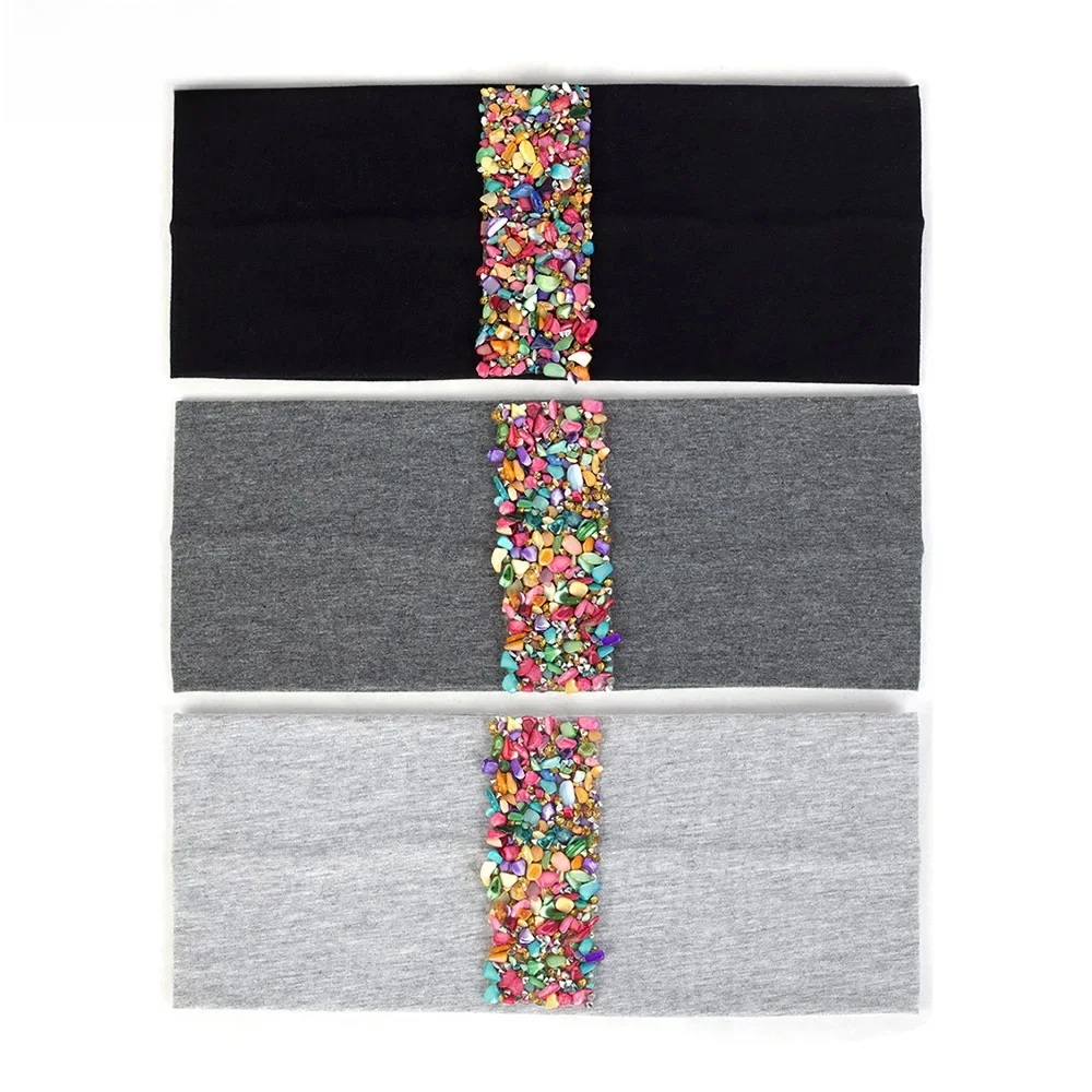 Geebro moda kobieta bawełna kolorowe kamienie wstążka opaski nakrycia głowy Boho miękka elastyczna opaska do włosów Party Turban Accessorie — zdjęcie 2