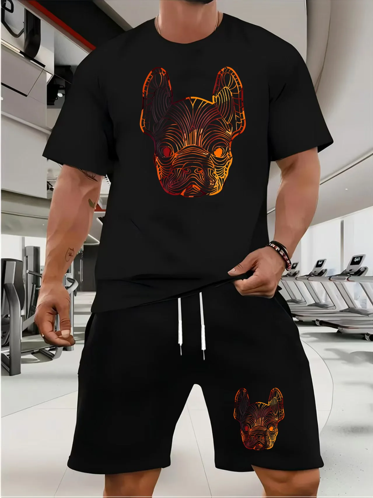 

Men's elastic and breathable fitness wear fashionable printed T-shirts casual two-piece shorts running and training wear
