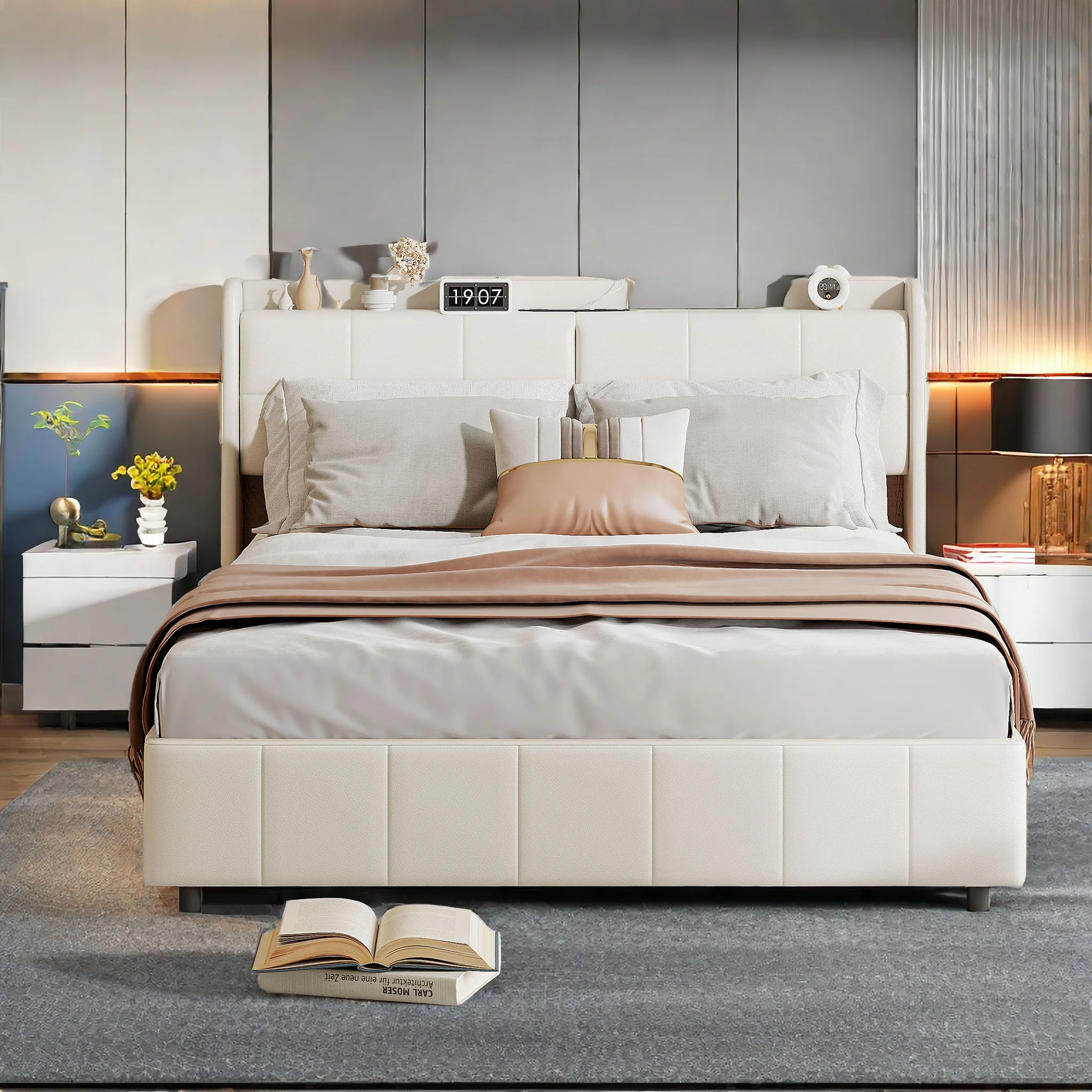 سرير تنجيد مزدوج من Aura خشبي مقاس 140 × 200 سم مع 4 أدراج لمسند ظهر للتخزين مع إطار شرائحي من جلد البولي يوريثان