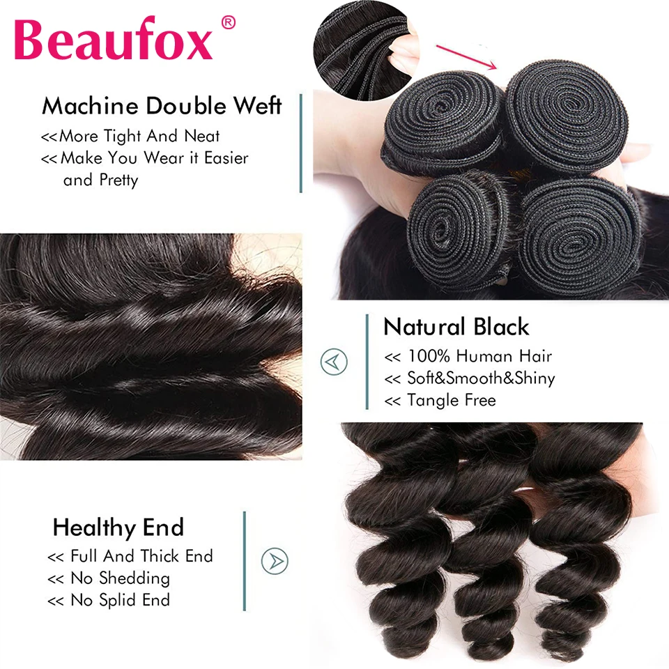 Beaufox Loose Wave Bundles Brazilian Unprocessed 100% Human Hair Bundles 1/3/4 Bundles Human Hair Deals Double Weft Bulk 30