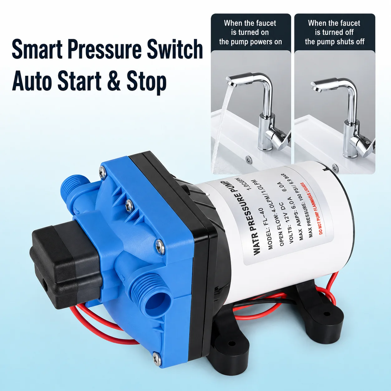 12V24V Self-Priming Water Pressure Booster Diaphragm Pump with Auto Pressure Switch for RV Marine Boat Caravan