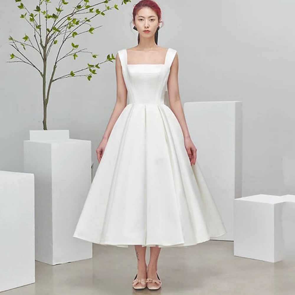 Simple Sleeveless Short Wedding Dress Square Collar A-Line Tea-Length Sexy Open Back with Pocket and Bow Bridal Register Gowns