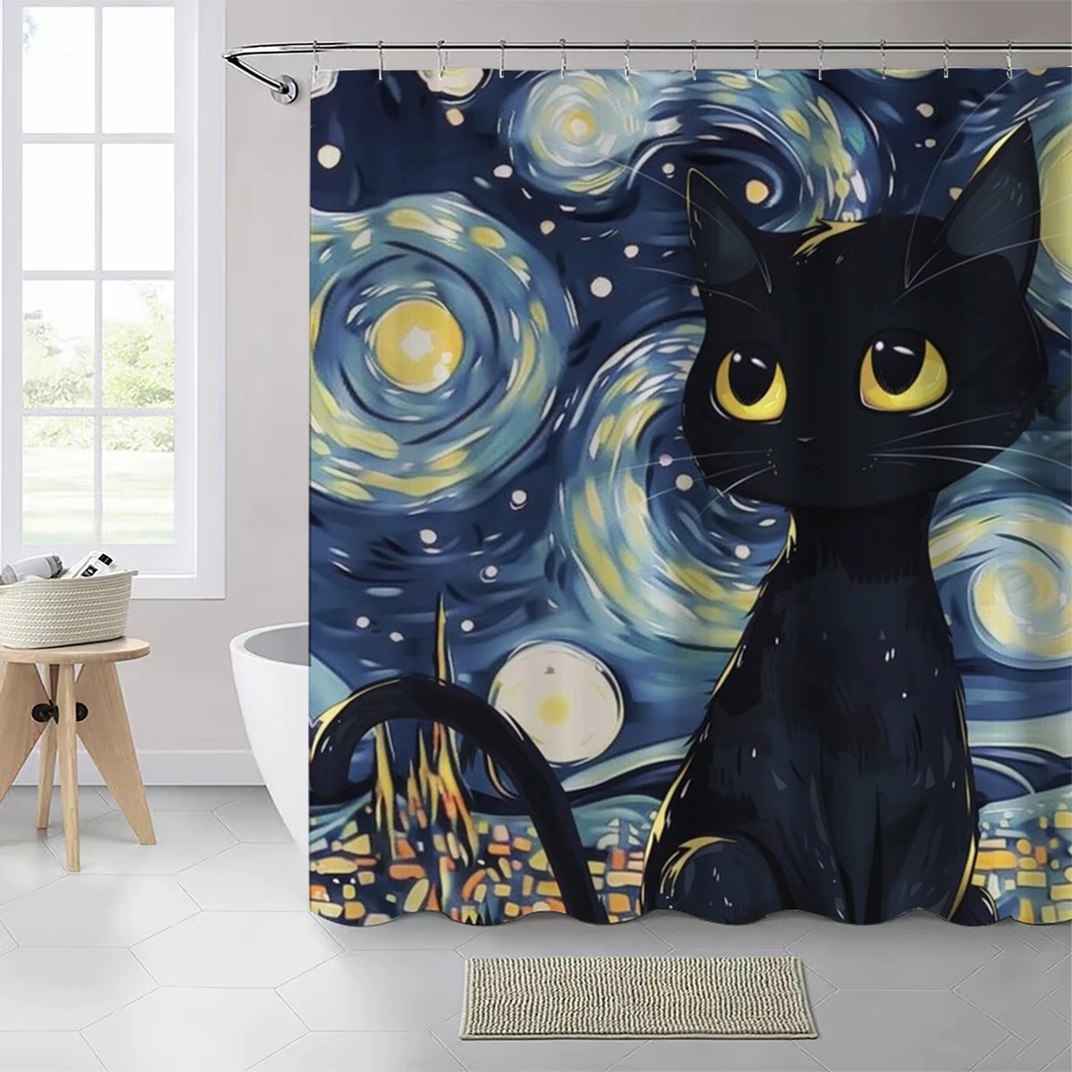 1 Impressionist style starry moon night background starry sky cat pattern polyester material shower curtain waterproof fabric ba