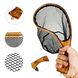 Aventik Tenkara Curved Wooden Fly Fishing Landing Net Super Light Fishing Net With Swivel Brass Lanyard Attachment Perfect