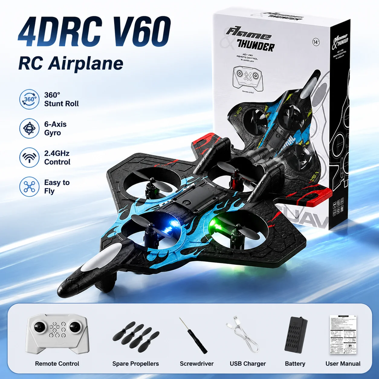 4DRC V60 Foam Remote Control Airplanes Glider Flying 2.4G RC Airplane With LED Lights for Kids Adults 360° Flip Fighter Jet Toys