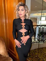 Waist Hollow Out Midi Bandage Women Summer Black Long Sleeve Bodycon Elegant Metal Sexy Club Evening Celebrity Party Dresses