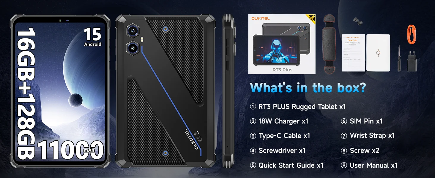 OUKITEL RT3 Plus Rugged Android 15 Tablet, 16GB+128GB 1TB Expandable Waterproof Tablets, 8 Inch HD Display, 1100mAh Battery