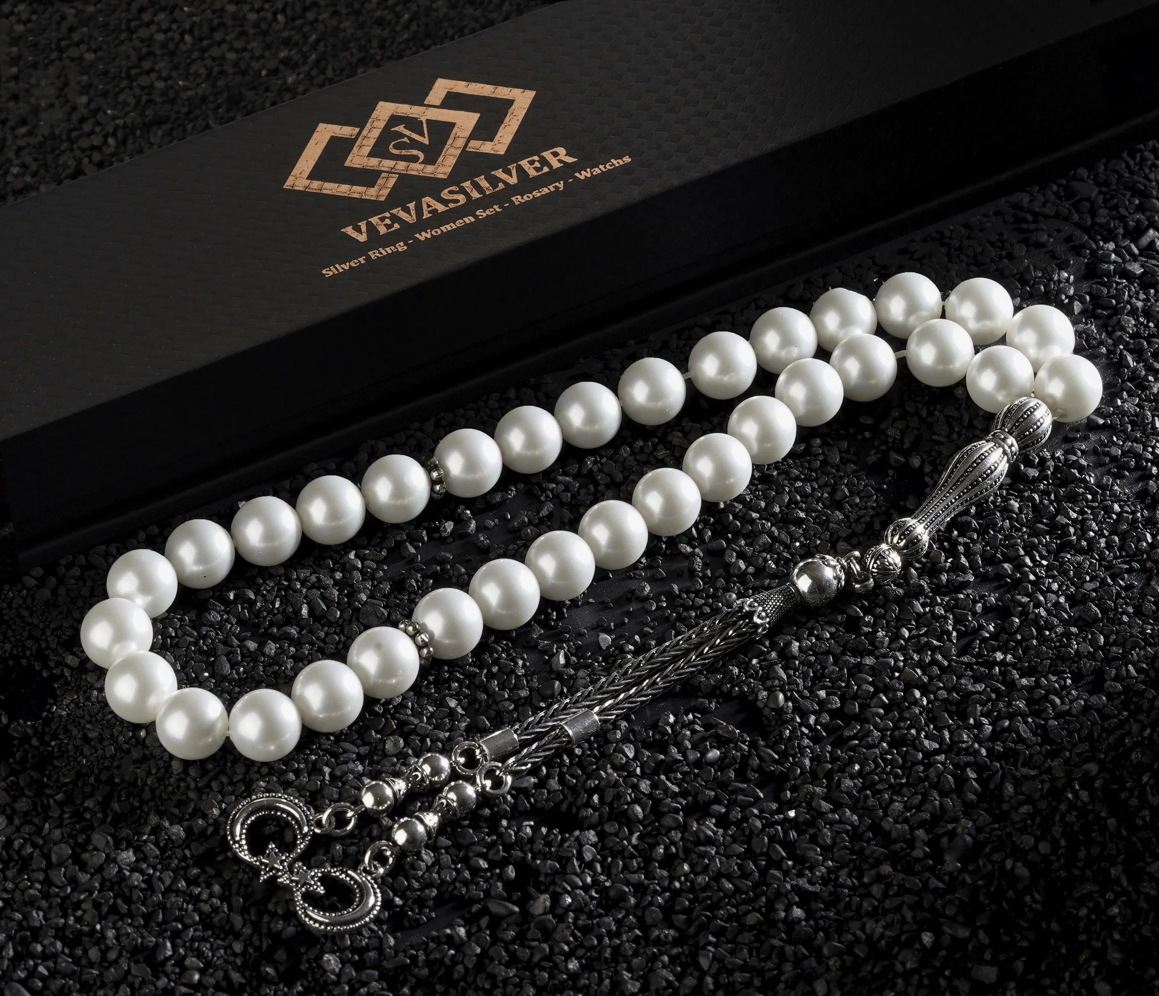 Pearl Stone Rosary with Silver Tassels