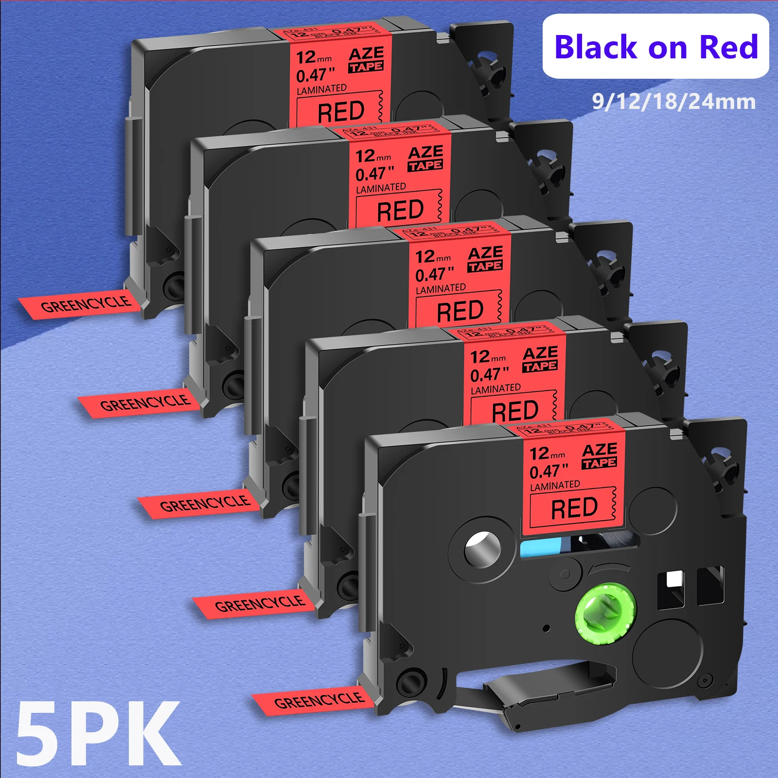 5PK Standard Laminated Label Tape Compatible for Brother TZe-421 431 441 451Tape Label Tape Black on Red P-Touch Label Printers