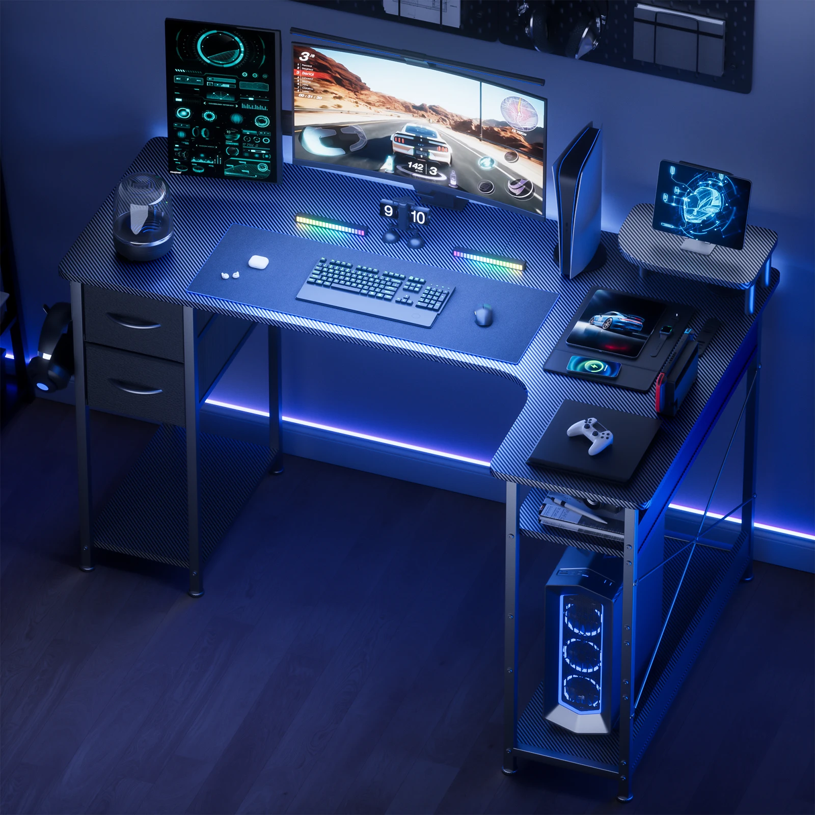 L-Shape Gaming Desk with Drawers, Carbon Fiber Computer Desk with Monitor Arm, Gaming Desk for Home Office Desks