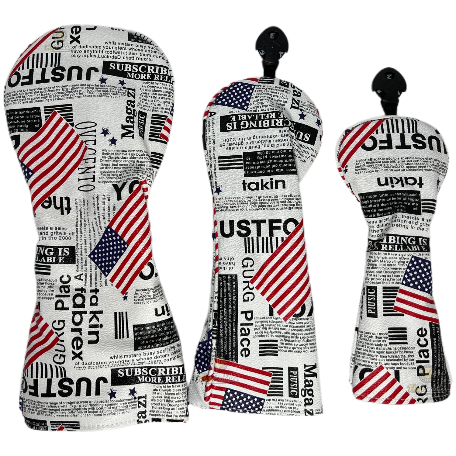 

Головные уборы для гольфа Чехлы на голову водителя Флаг США Газета Стиль Fairway Деревянные чехлы на голову Гибридные головные уборы из искусственной кожи