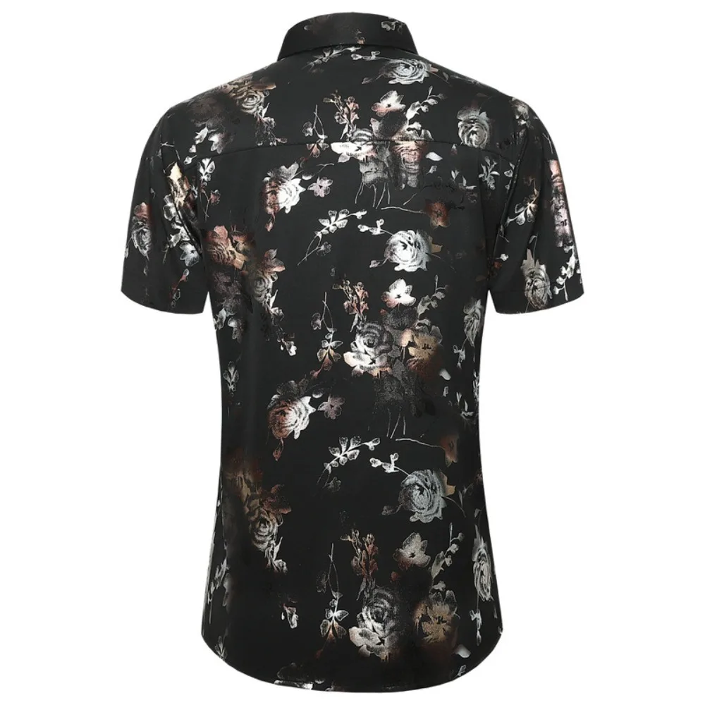 قميص رجالي بأكمام قصيرة وطبعة زهور - كاجوال بأزرار بيضاء مع نمط وردي للصيف