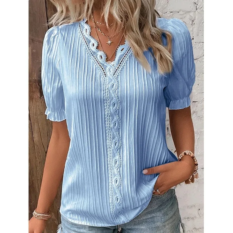 Elegant  Summer Hollow Lace Patchwork Women Shirt Chic Blouse V Neck Short Sleeve Shirt Plain Lace Casual Basic Regular Tops