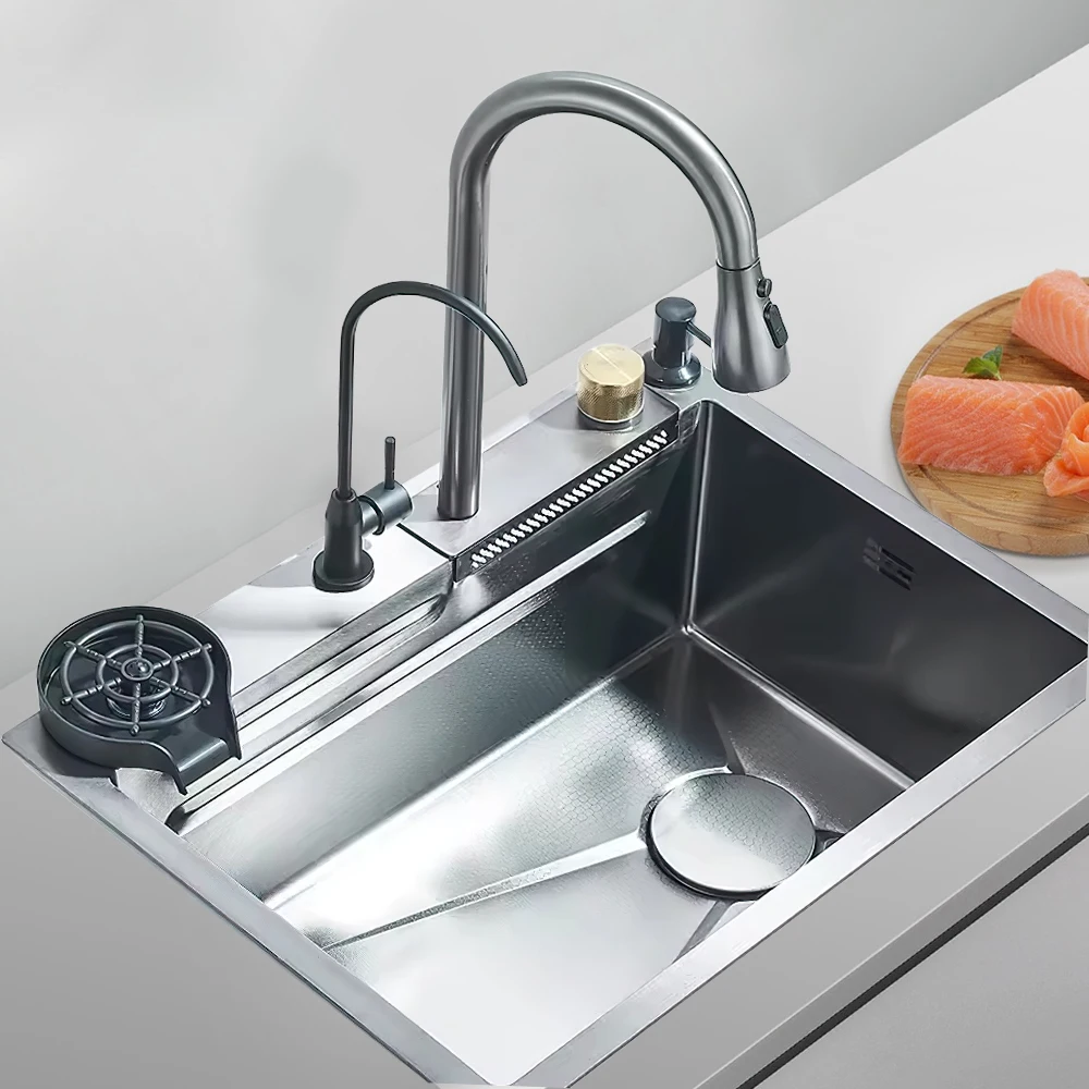 Évier de cuisine cascade en acier inoxydable 304, grand fente unique intégré 60x45cm, ensemble de robinets, dissolveur de savon/eau Pure/laveuse de tasses