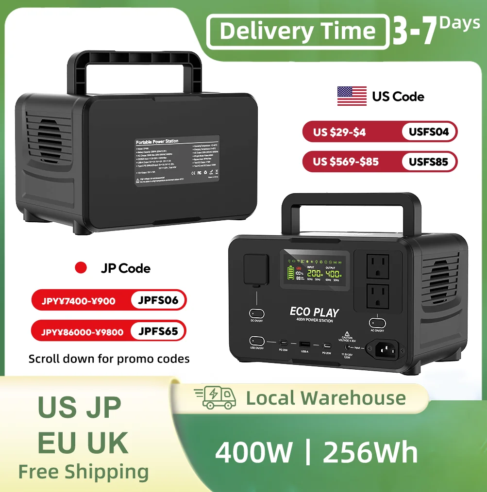 ECOPLAY Power Station 400W/256Wh LiFePO4 Generador solar con 2 salidas de CA (pico de 800W) Energía de emergencia de gran capacidad