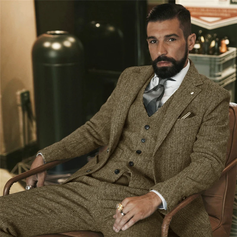 Abito invernale da uomo in tweed di lana grigia a spina di pesce slim fit smoking formale da sposo 3 pezzi abiti da sposa maschili (giacca + gilet + pantaloni)