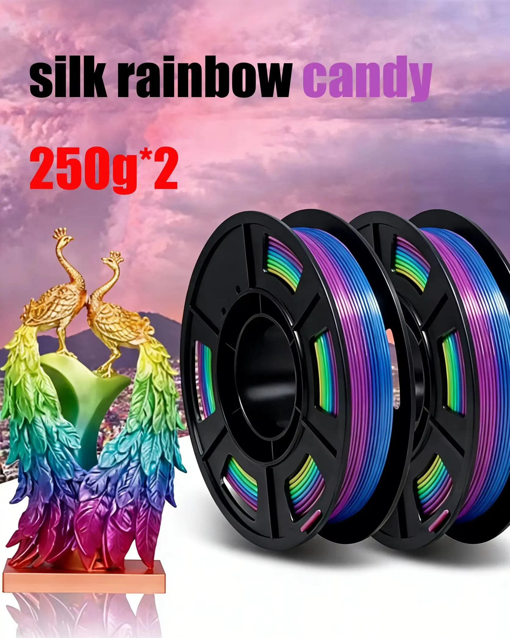 

Silk Shiny Rainbow Multi-Color 3D Printer Filament Bundle PLA 4-in-1 Color Change Enhanced Print Quality,silk Rainbow candy,500g