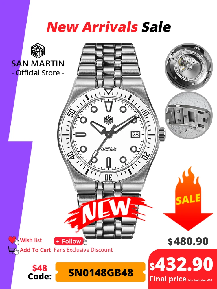 San Martin 40mm Enamel Spiral Dial Integrated Bracelet Men Diver Watch Miyota 9015 Automatic Mechanical Waterproof 200m SN0148