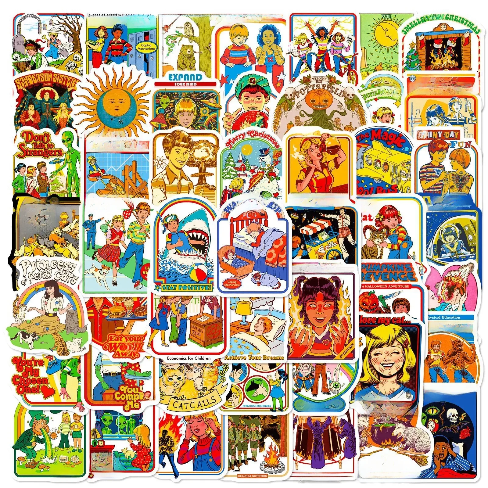 50 pièces 70's horreur ambiance mixte dessin animé Humor rétro fantôme Graffiti Anime vieux temps autocollants bagages bricolage Skateboard ordinateur portable