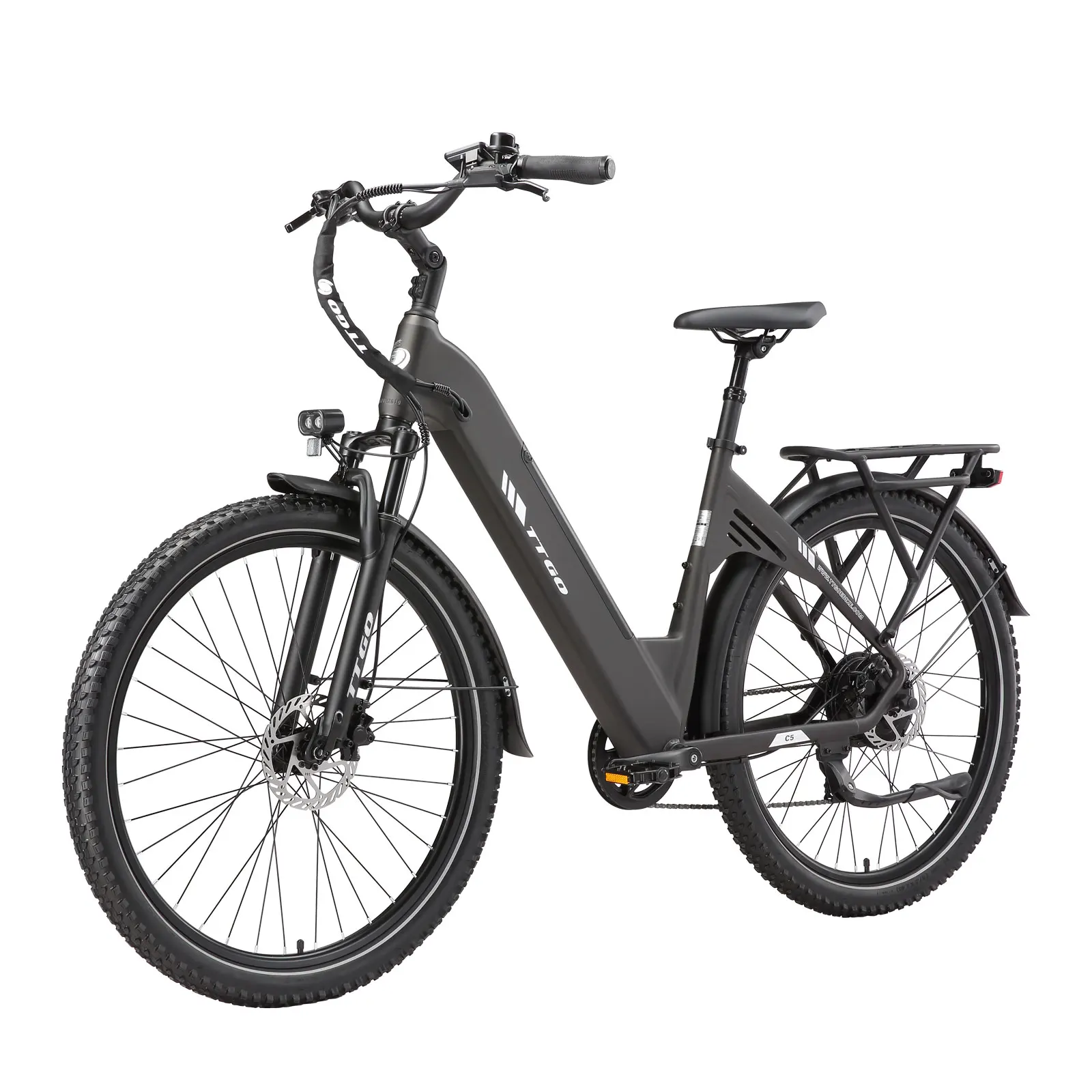 TTGO C5 250W Elektro-Citybike für Erwachsene, 48V 13,5Ah Abnehmbarer Akku, 62Nm Bürstenloser Motor, Niedrigprofil-Aluminiumrahmen, Hydraulische Scheibenbremsen, 7-Gang, Vorderradfederung E-Bike für
