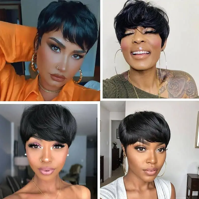 Pixie Cut Human Hair Wig For Women Short Layered Bob Wig With Bangs 9A Brazilian Remy Hair Full Machine Made Glueless Wig
